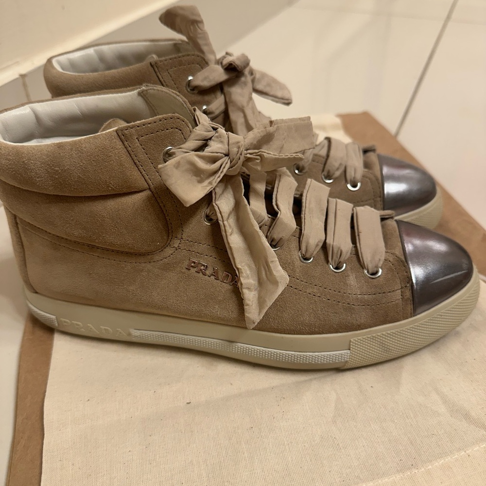 Prada Beige High-Top Sneakers with Metallic Accents